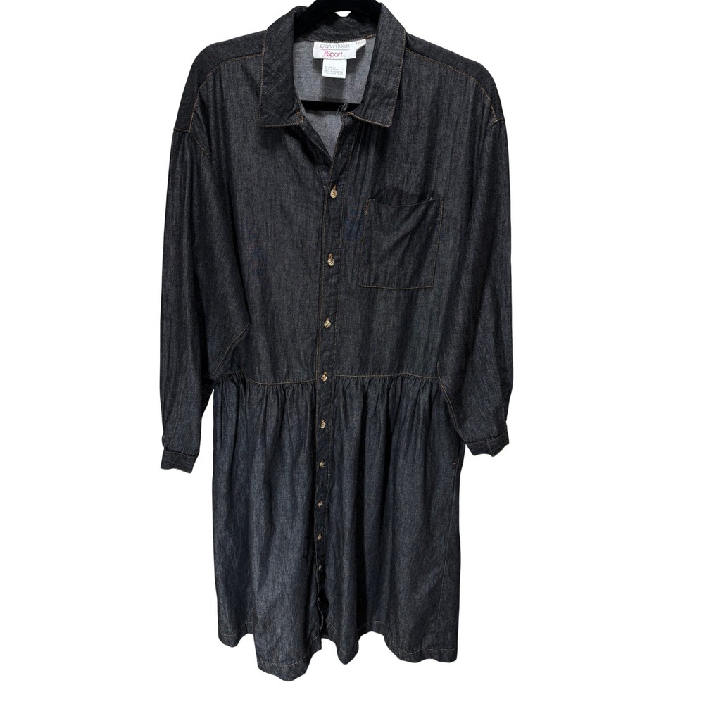 Calvin Klein Sport Dress L Dark Denim Drop Waist‎ Button Front Prairie VTG 90s